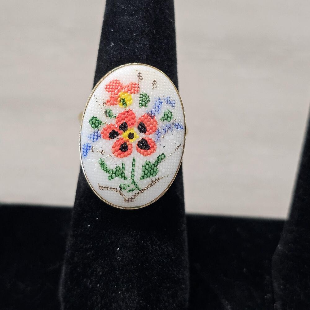 Signed Emmons Vintage Petit Point Floral Ring Adjustable Cocktail Ring